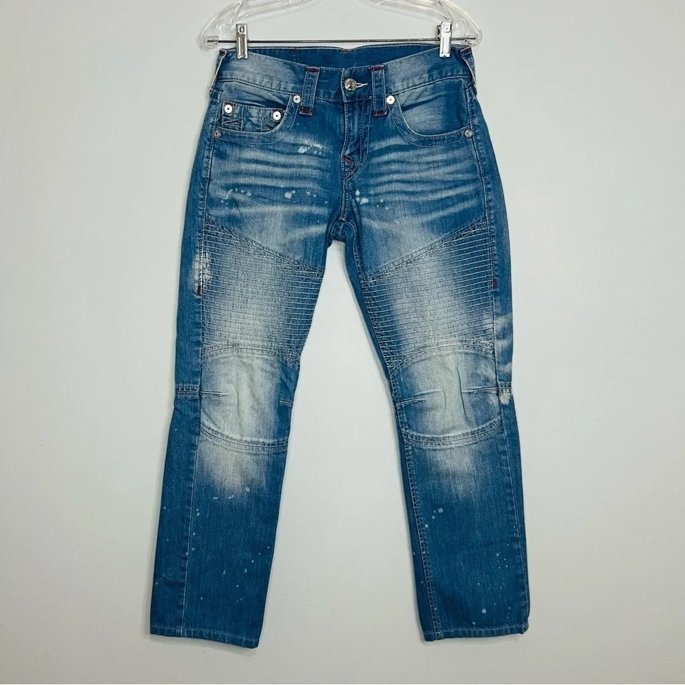 True Religion Blue Acod Spot Washed Slim Moto Jeans 30W